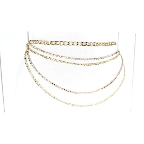 Gold metal rhinestone chain layered hanging belt - Picture 4 of 5